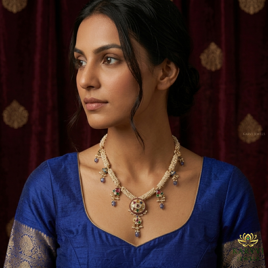 18kt Gold Necklace with Navratan Gemstones & Polki