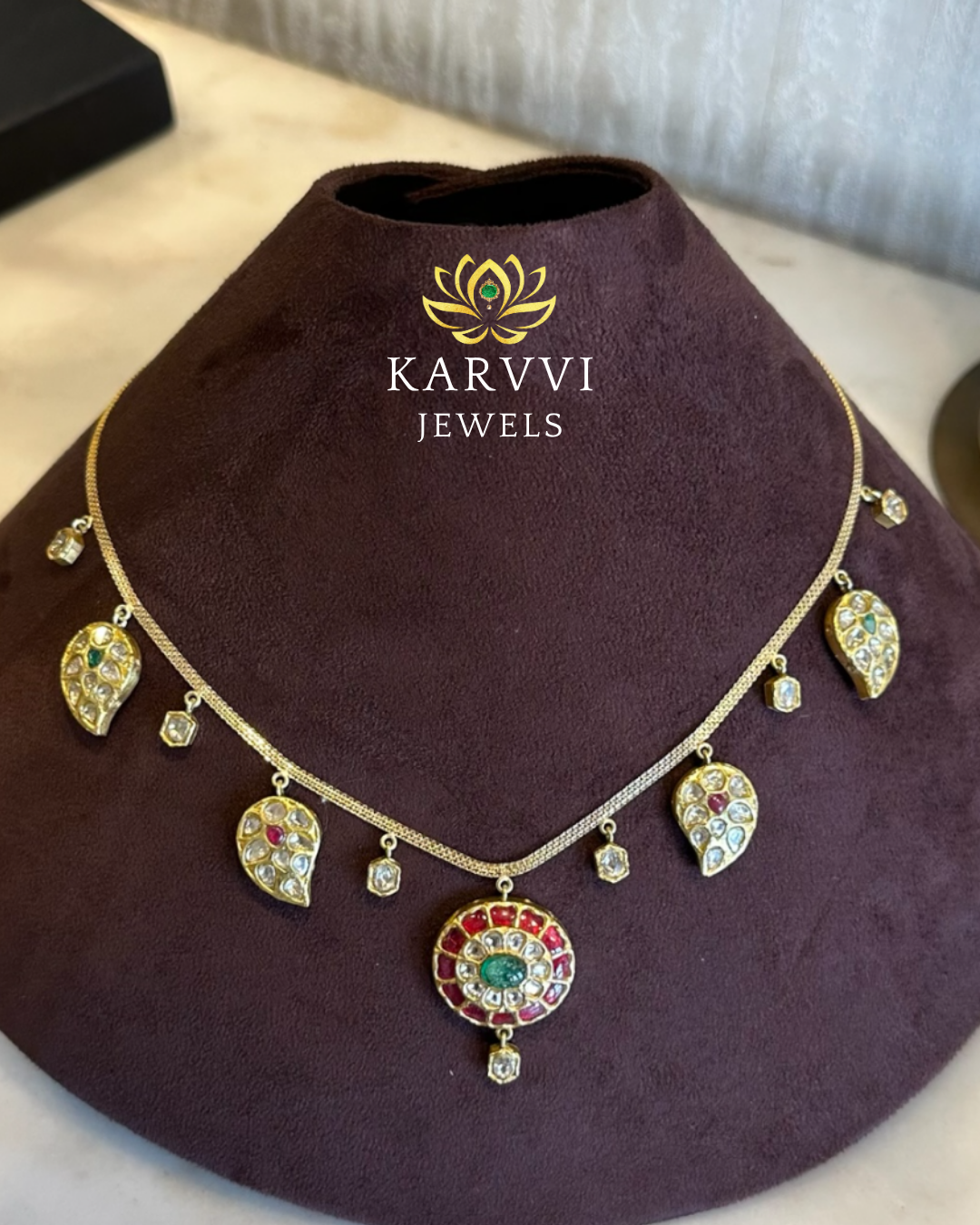 18kt Gold Polki & Natural Gemstone Necklace by KARVVI JEWELS