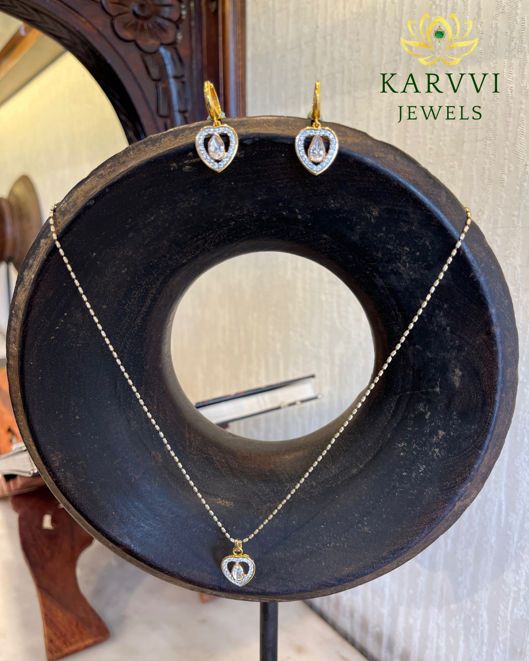 18kt Gold Heart Moissanite Diamond Pendant & Earring Set by KARVVI JEWELS