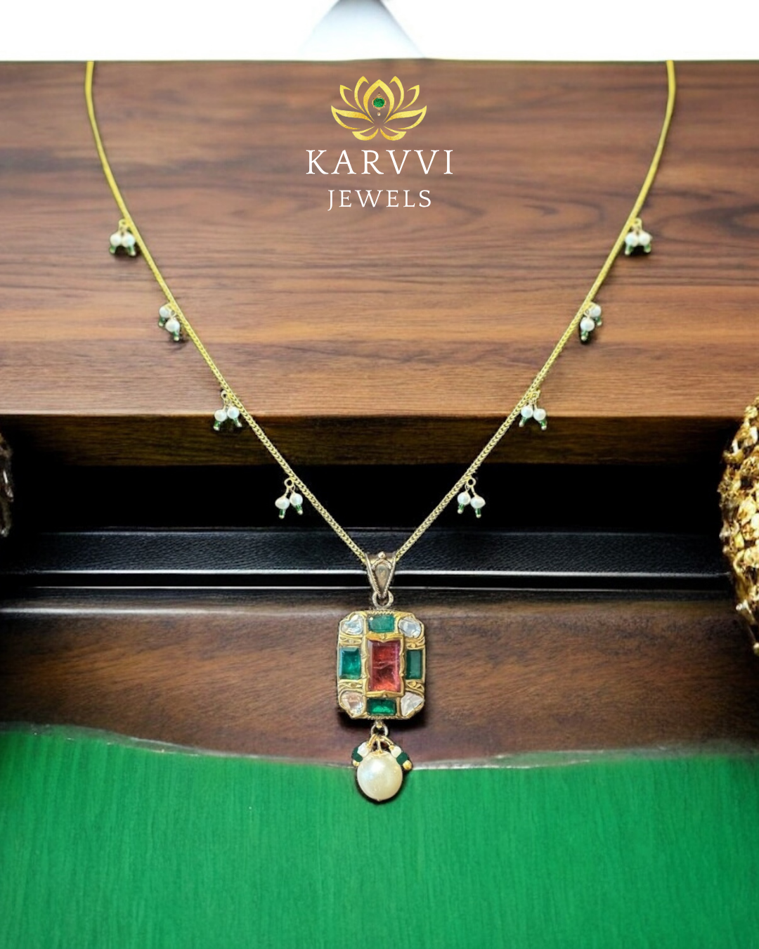 18kt Gold Natural Gemstone & Pearl Pendant Chain by KARVVI JEWELS