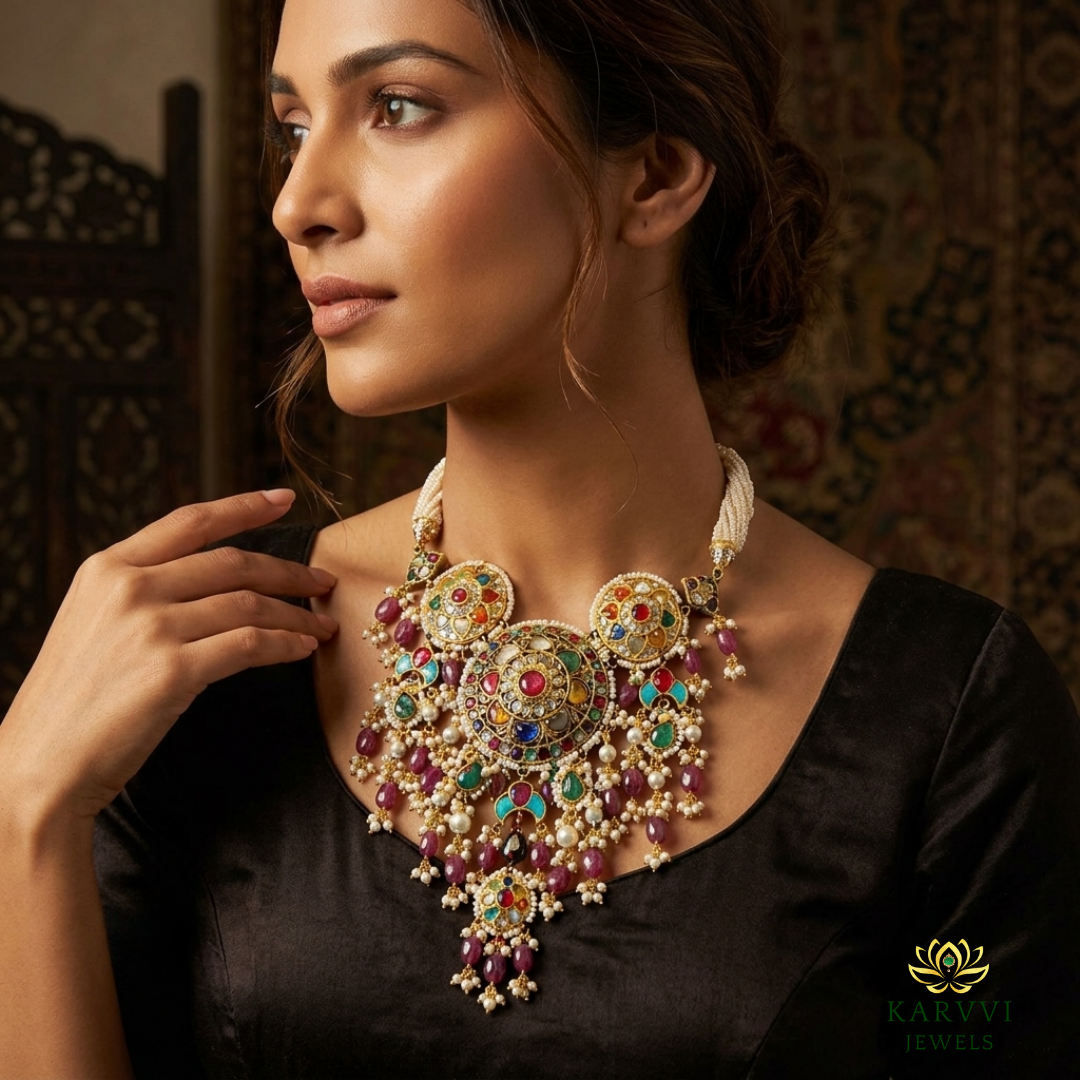 18kt Gold Navratan Polki Diamond Bridal Necklace