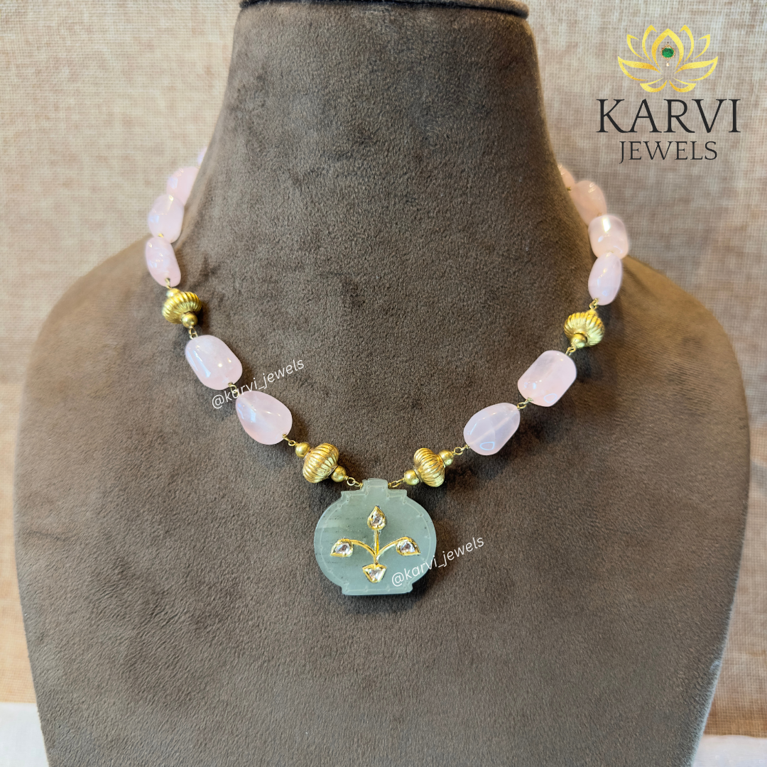 "Radiant Beauty: 24kt Gold Polki Diamond Necklace with Rose Quartz and Gold Beads
