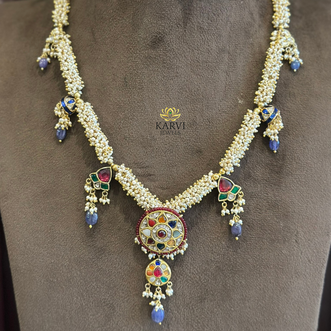 2kt Gold Necklace with Navratan Gemstones & Polki