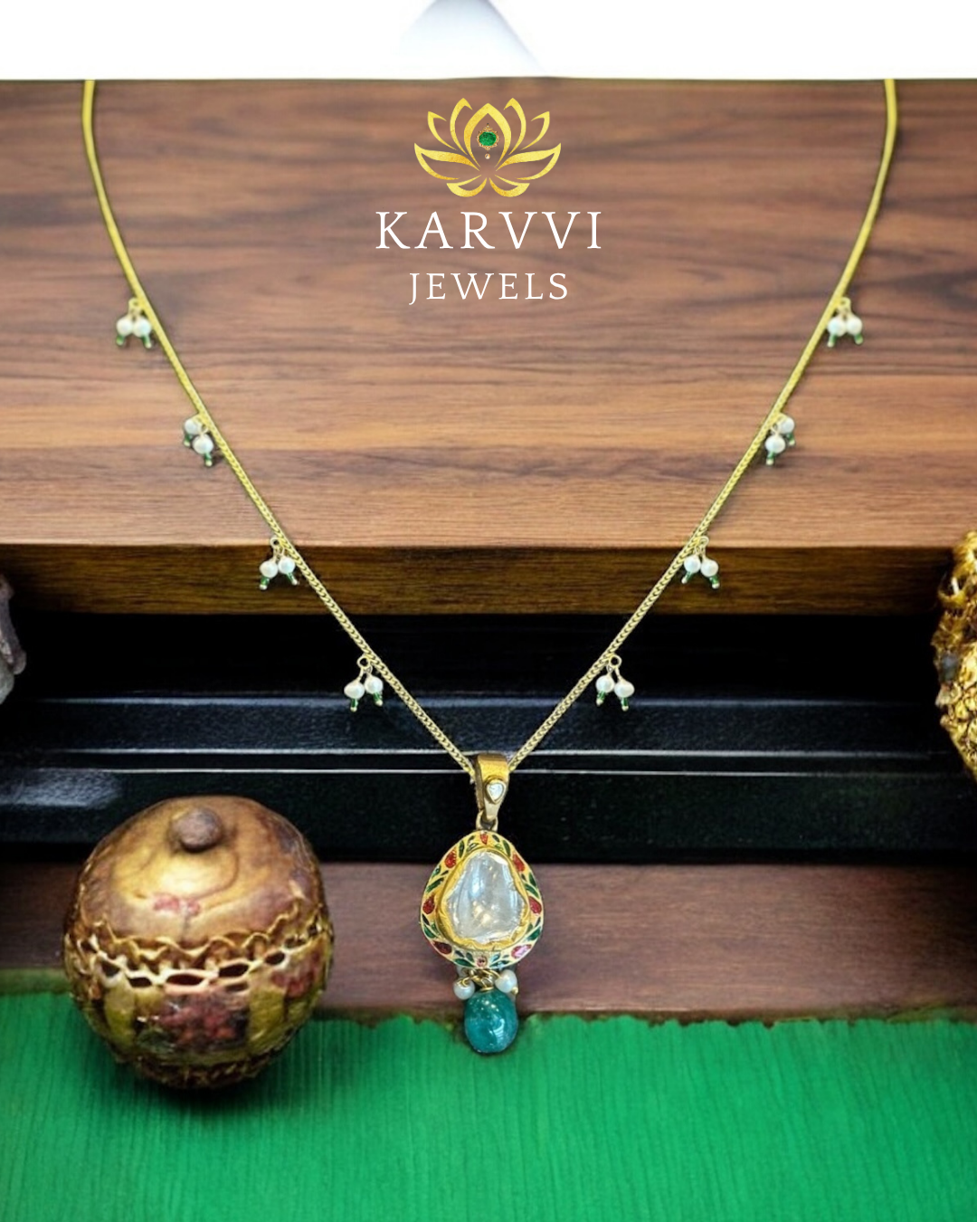 18kt Gold Meenakari & Pearl Pendant Chain by KARVVI JEWELS