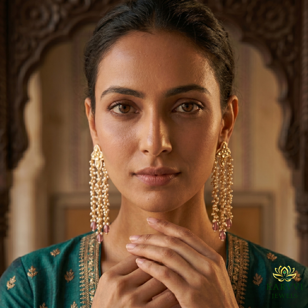 - Dazzling Dangles: 18K Gold Polki Earrings with Uncut Diamonds and Pearls
