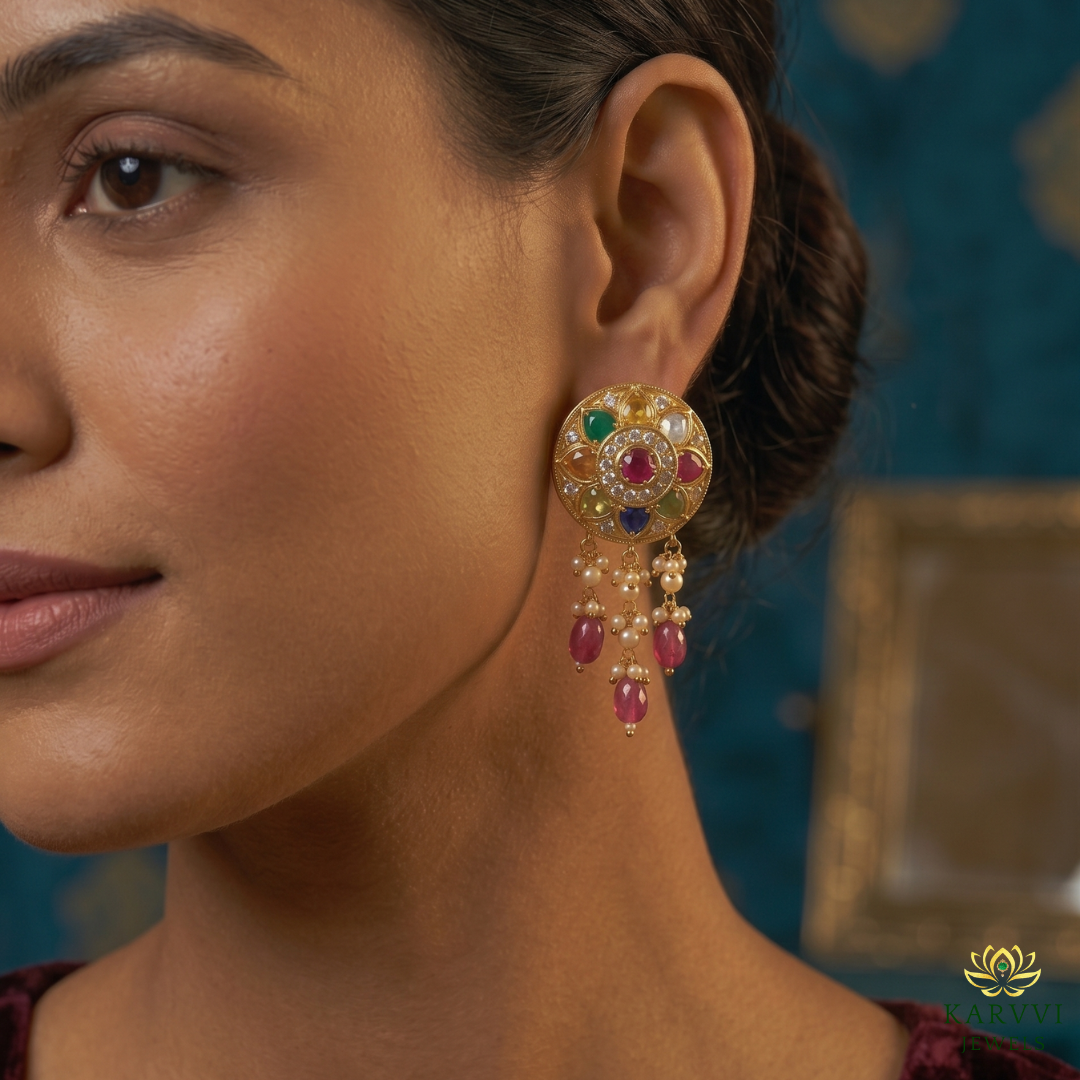 Vibrant 18kt Gold Navratn Earrings