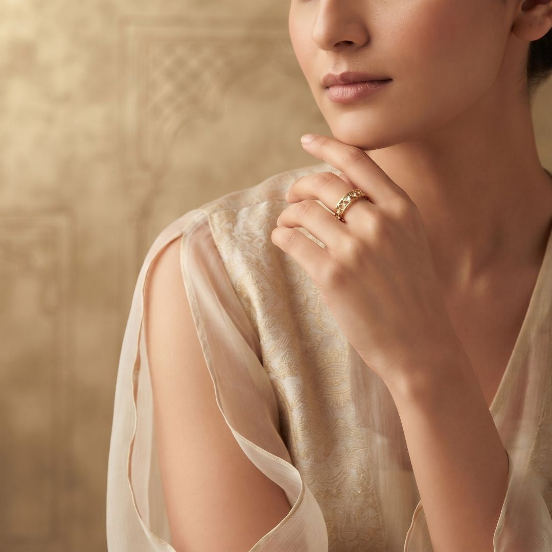 92.5 Silver Gold Plated Polki Band ring