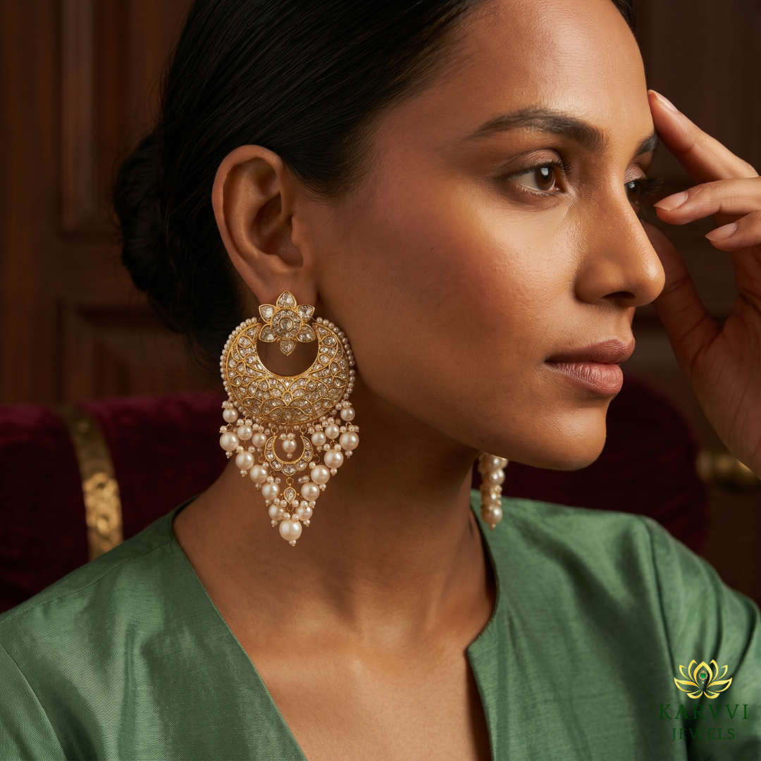 18kt Gold Polki Diamond and Pearl Chandbali Earrings