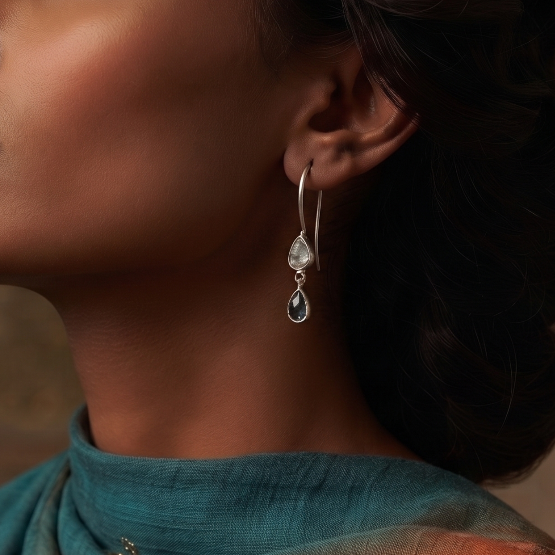 92.5 Silver Polki & Black Diamond Earrings