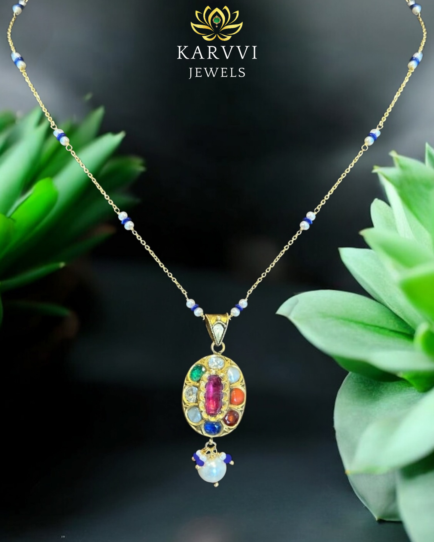 18kt Gold Navratna-Inspired & Pearl Pendant Chain by KARVVI JEWELS