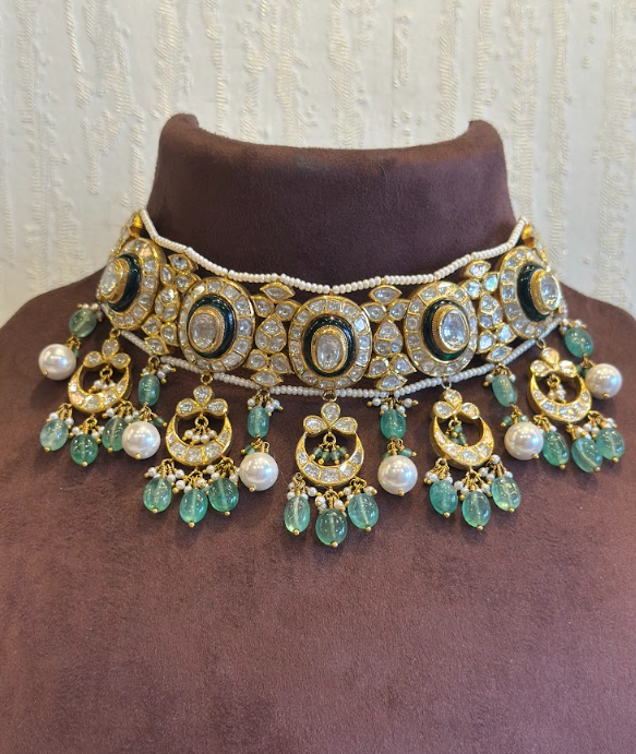 18K Gold Bridal Polki Choker with Statement Earrings