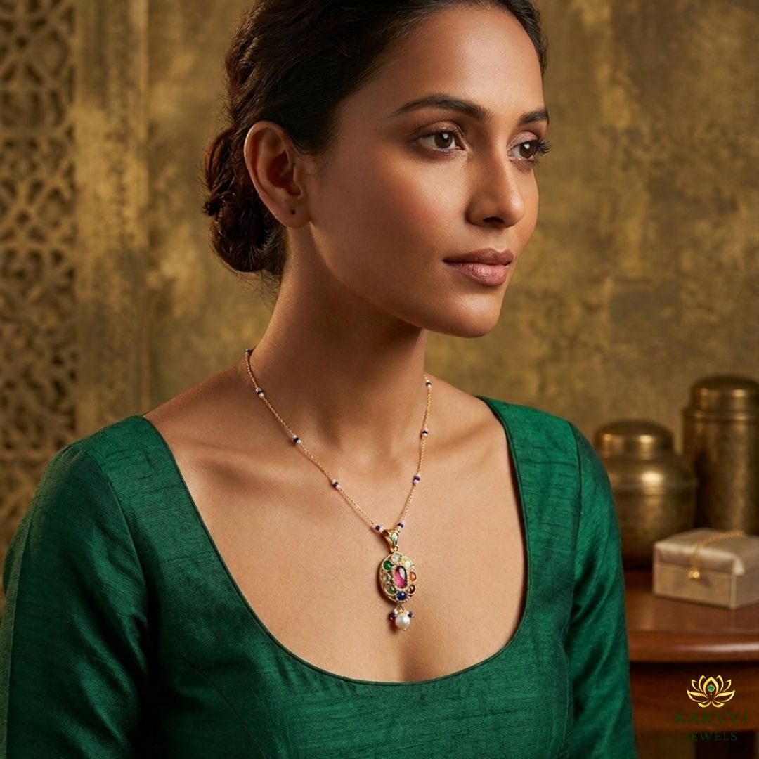 18kt Gold Navratna-Inspired & Pearl Pendant Chain by KARVVI JEWELS