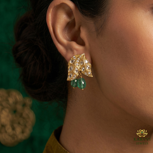 18k Gold Polki Studs - Enchanting Natural Leaf Design