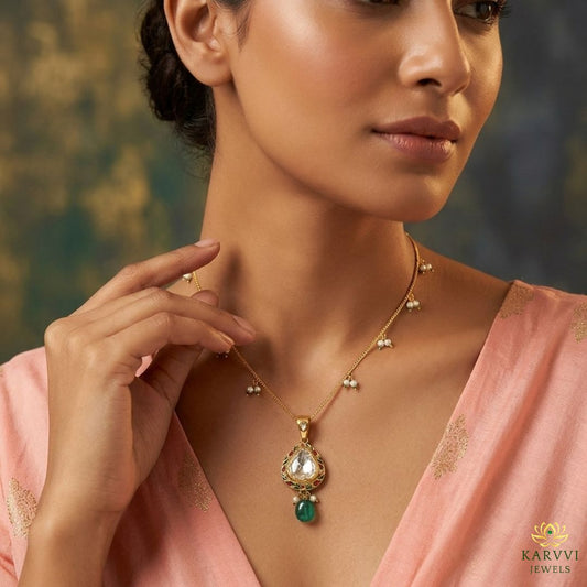 18kt Gold Meenakari & Pearl Pendant Chain by KARVVI JEWELS
