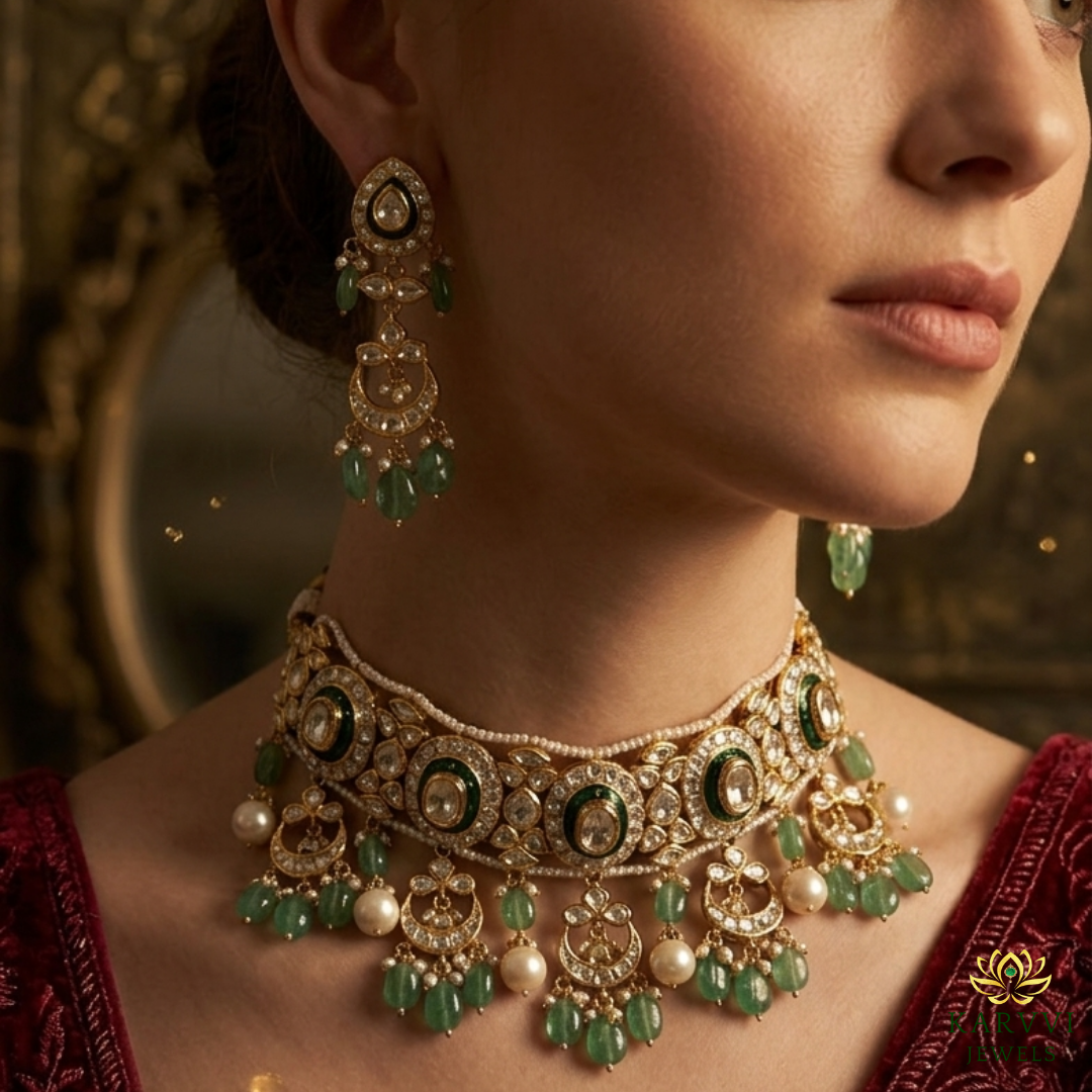18K Gold Bridal Polki Choker with Statement Earrings