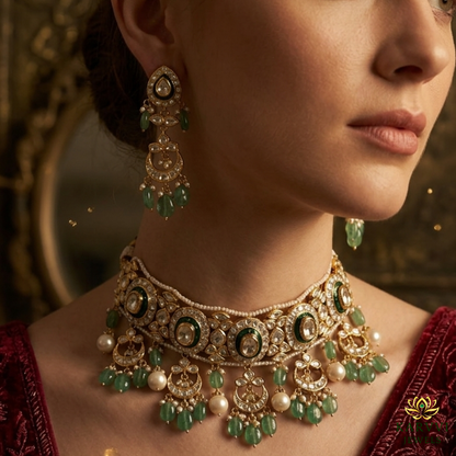 18K Gold Bridal Polki Choker with Statement Earrings