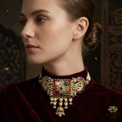 18K Gold Navratan Polki Choker Necklace