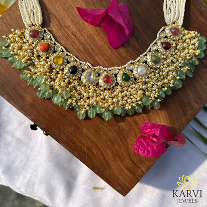 Navratan Raindrop Choker - Celestial Elegance in 18k Gold