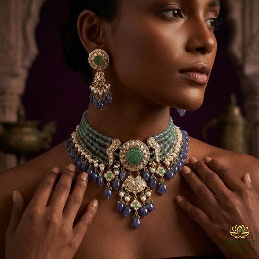 18kt Gold Polki, Carved Natural Gemstones Choker Necklace Set