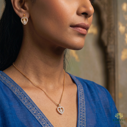 18kt Gold Heart Moissanite Diamond Pendant & Earring Set by KARVVI JEWELS