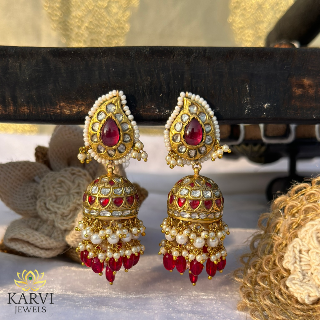 Elegant 22K Gold Ruby & Polki Jhumka Earrings