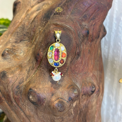 Gold Navratna Pendant with Pearl Drop