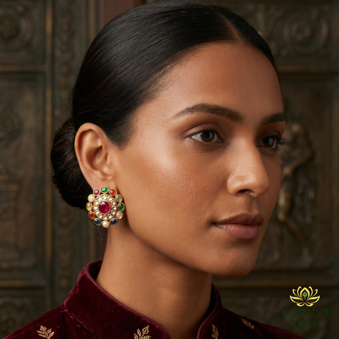 Vibrant 18kt Gold Navratna Earrings with Polki Diamonds