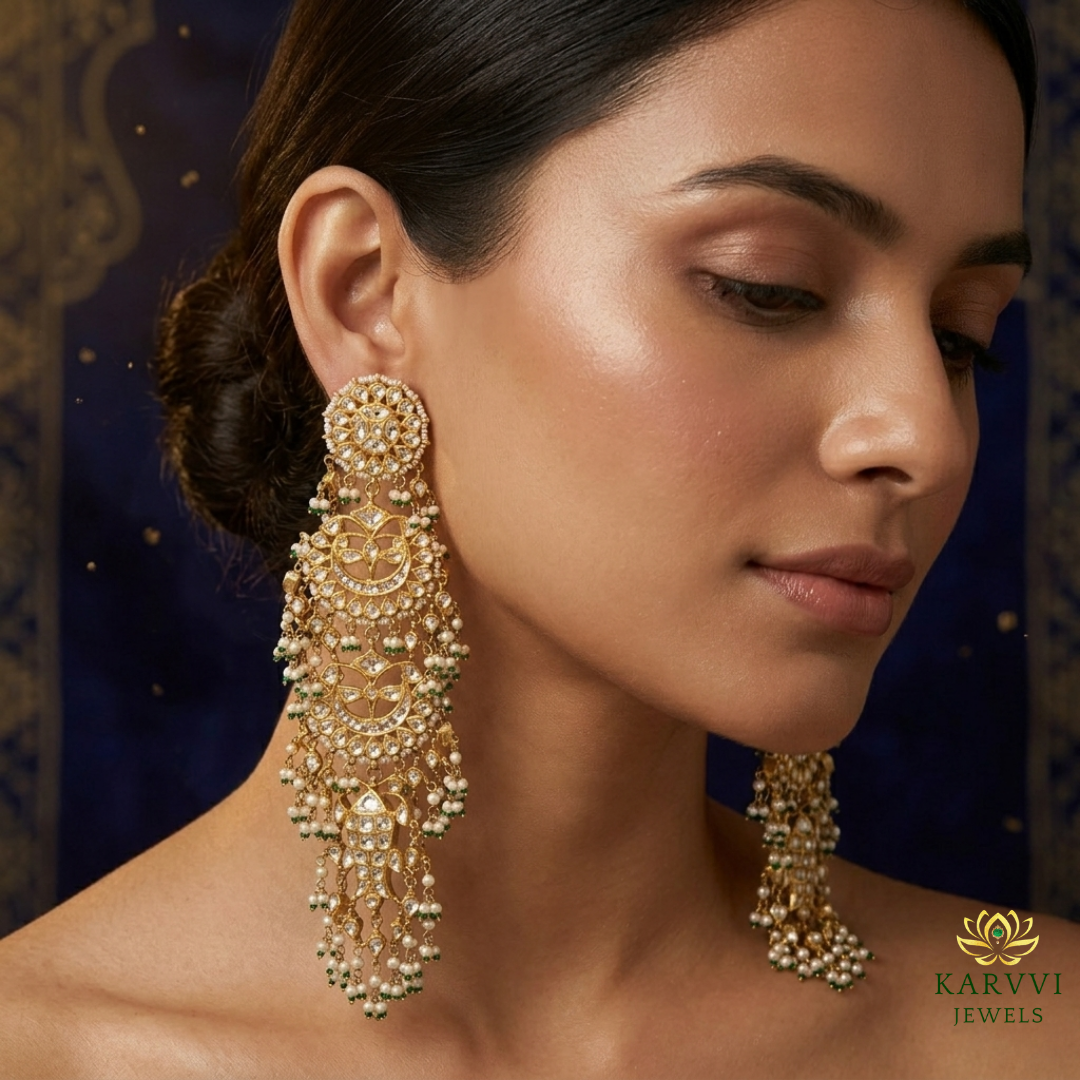 Dazzling 18kt Gold Polki & Pearl Chandbali Earrings