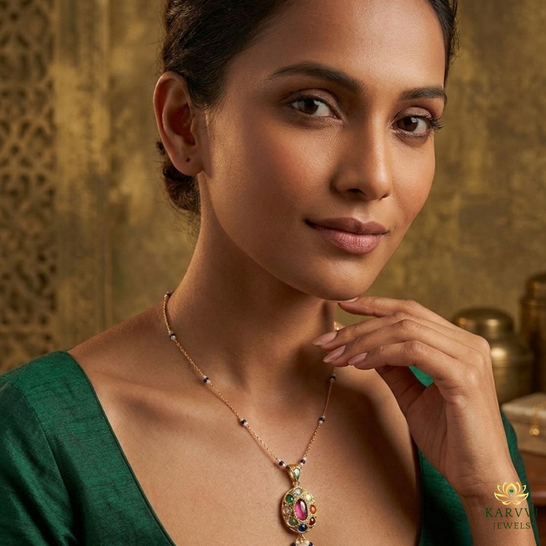 18kt Gold Navratna-Inspired & Pearl Pendant Chain by KARVVI JEWELS