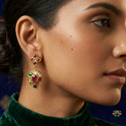 18k Gold Polki Earrings with Navratan Design - A Minimalist