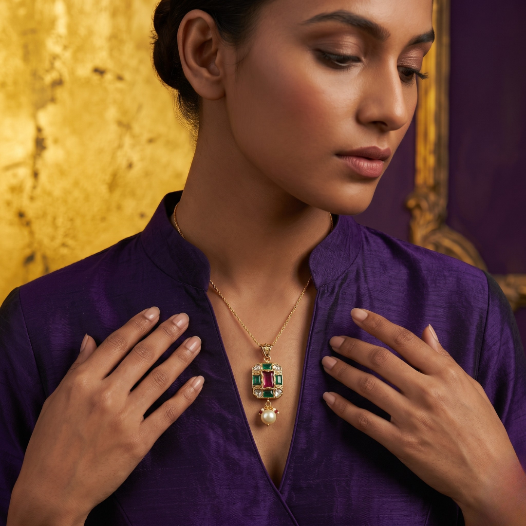Elegant 18kt Gold Pendant with Red and Green Gemstones and Polki Diamonds