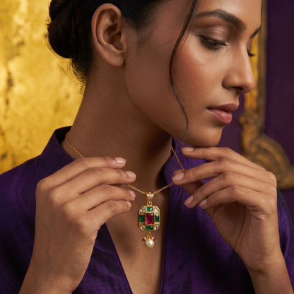 Elegant 18kt Gold Pendant with Red and Green Gemstones and Polki Diamonds