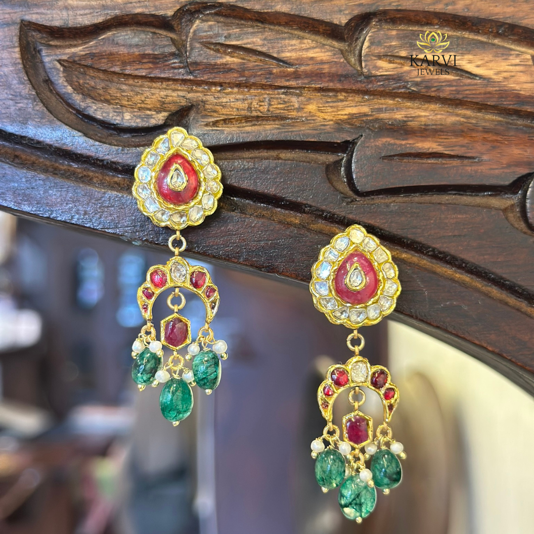 Exquisite 18kt Gold Earrings with Red and Green Gemstones