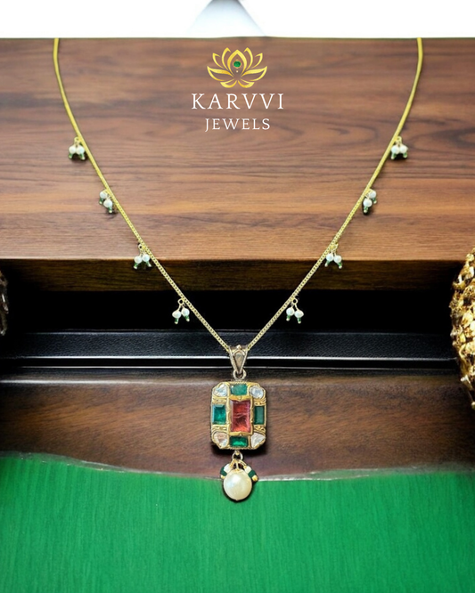 18kt Gold Natural Gemstone & Pearl Pendant Chain by KARVVI JEWELS