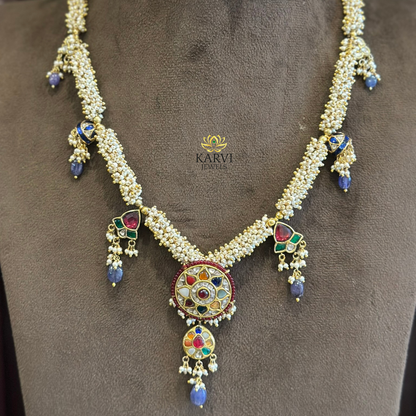 18kt Gold Necklace with Navratan Gemstones & Polki