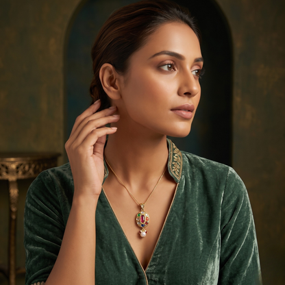 Gold Navratna Pendant with Pearl Drop