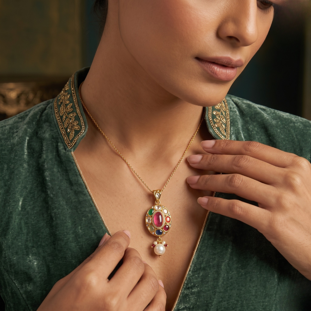 Gold Navratna Pendant with Pearl Drop