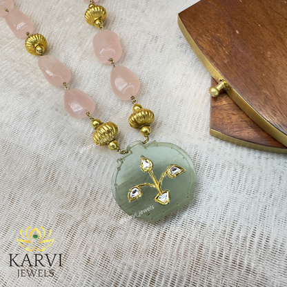 "Radiant Beauty: 18kt Gold Polki Diamond Necklace with Rose Quartz and Gold Beads
