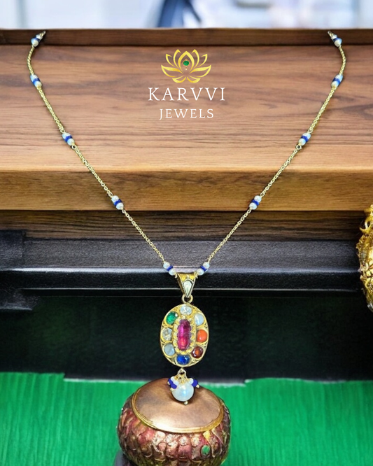 18kt Gold Navratna-Inspired & Pearl Pendant Chain by KARVVI JEWELS