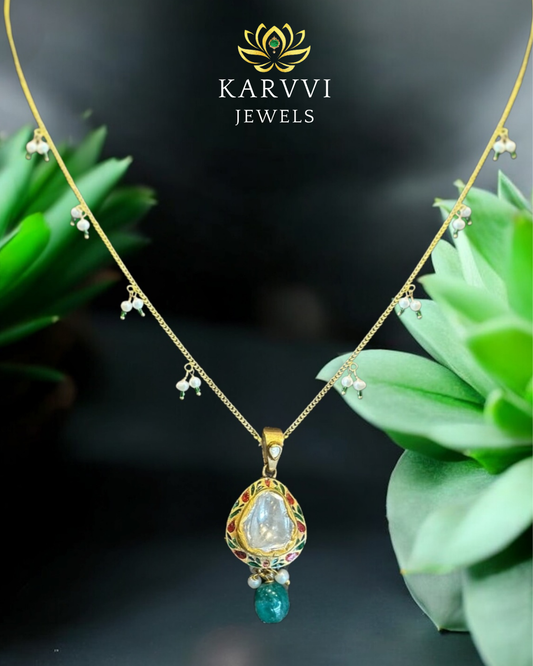18kt Gold Meenakari & Pearl Pendant Chain by KARVVI JEWELS