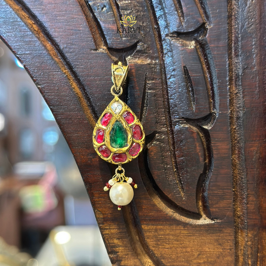 18kt Gold Teardrop Pendant with Green and Red Gemstones