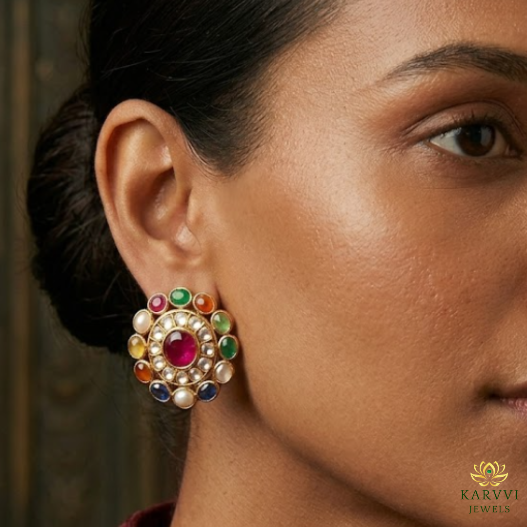 Vibrant 18kt Gold Navratna Earrings with Polki Diamonds