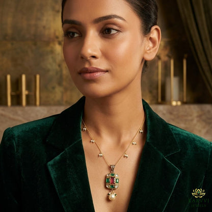 18kt Gold Natural Gemstone & Pearl Pendant Chain by KARVVI JEWELS