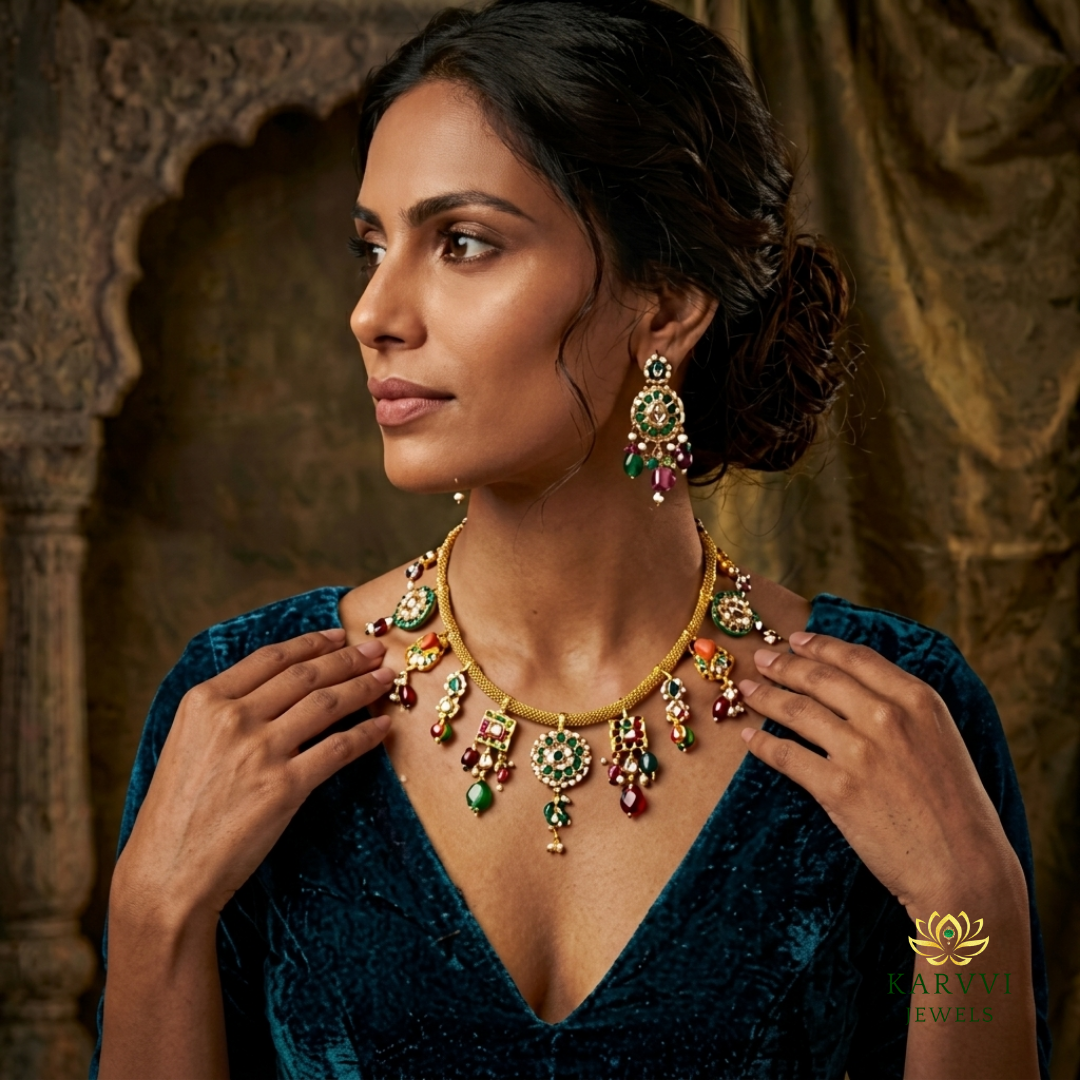 18kt Gold Polki Diamond Necklace with Natural Stones & Intricate Motifs