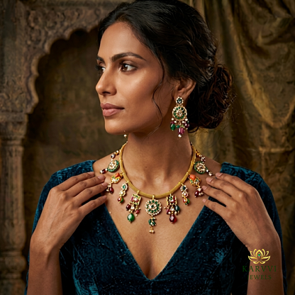18kt Gold Polki Diamond Necklace with Natural Stones & Intricate Motifs