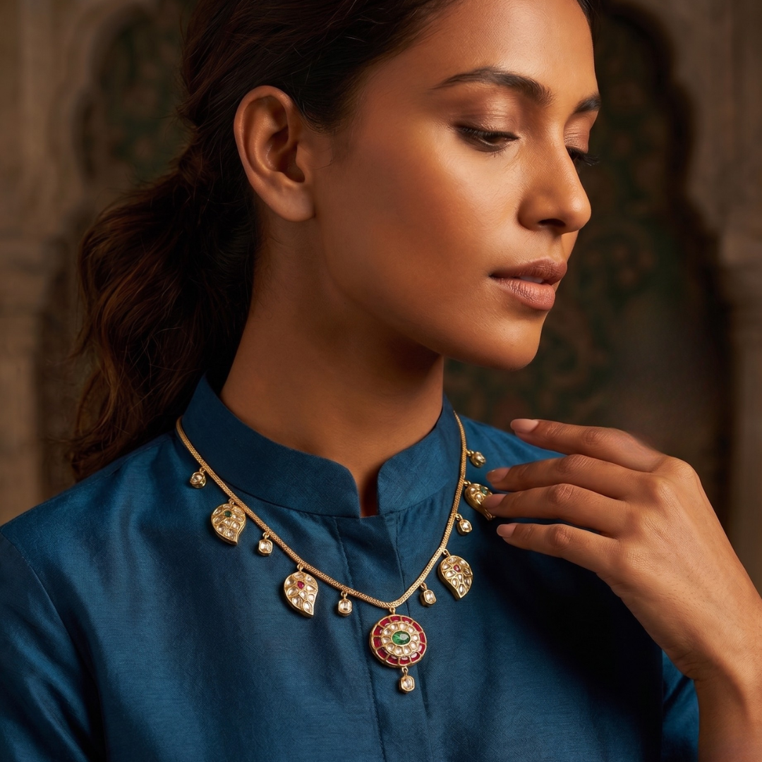 18kt Gold Polki & Natural Gemstone Necklace by KARVVI JEWELS