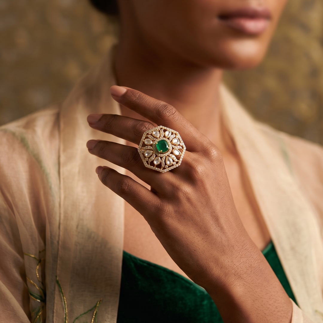 Emerald Blossom Silver Ring