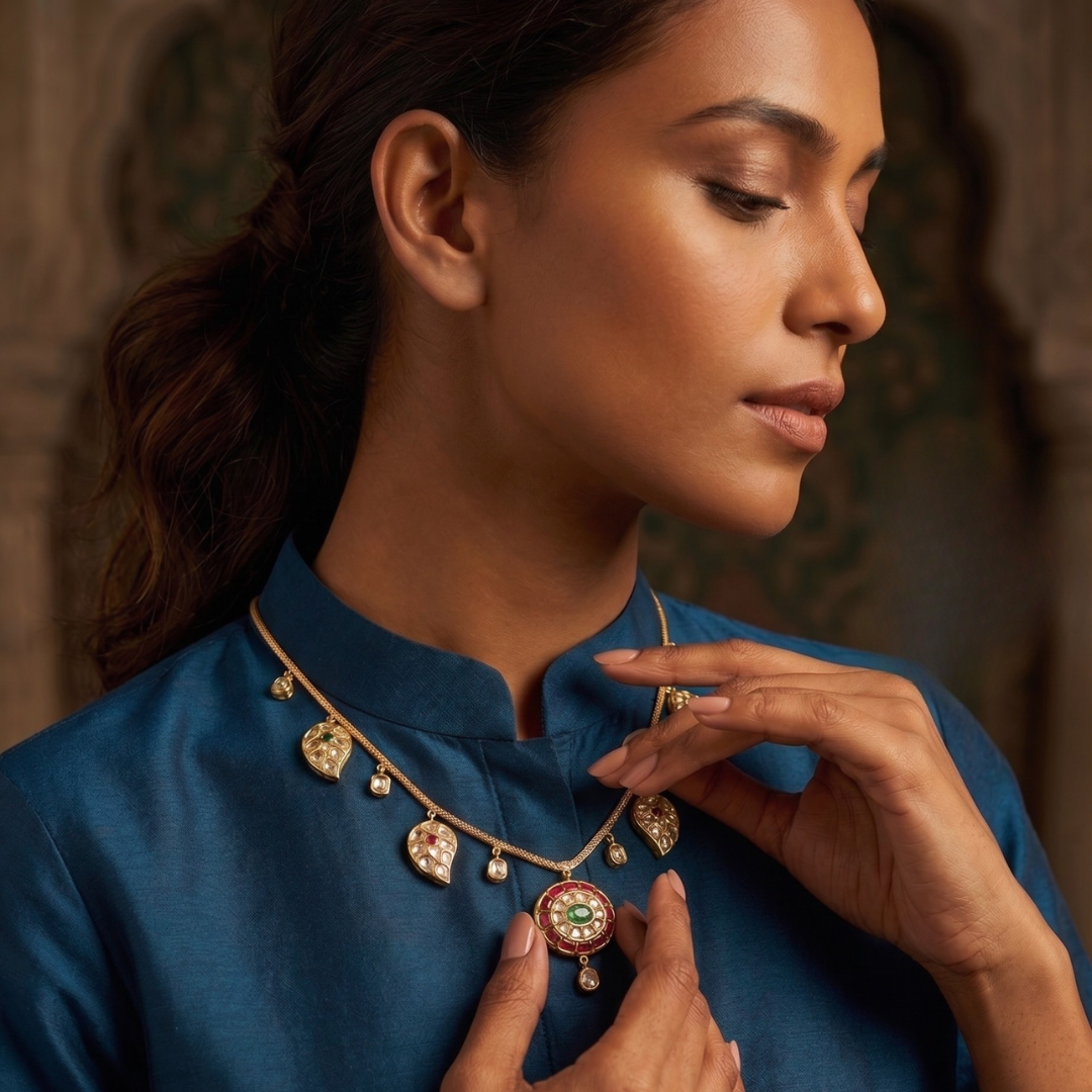 18kt Gold Polki & Natural Gemstone Necklace by KARVVI JEWELS