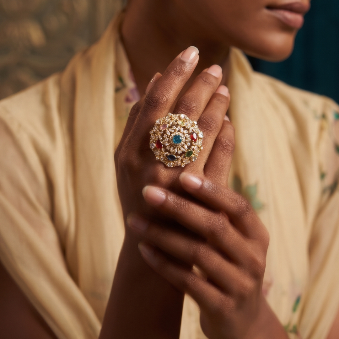 Navratan Floral Silver Ring