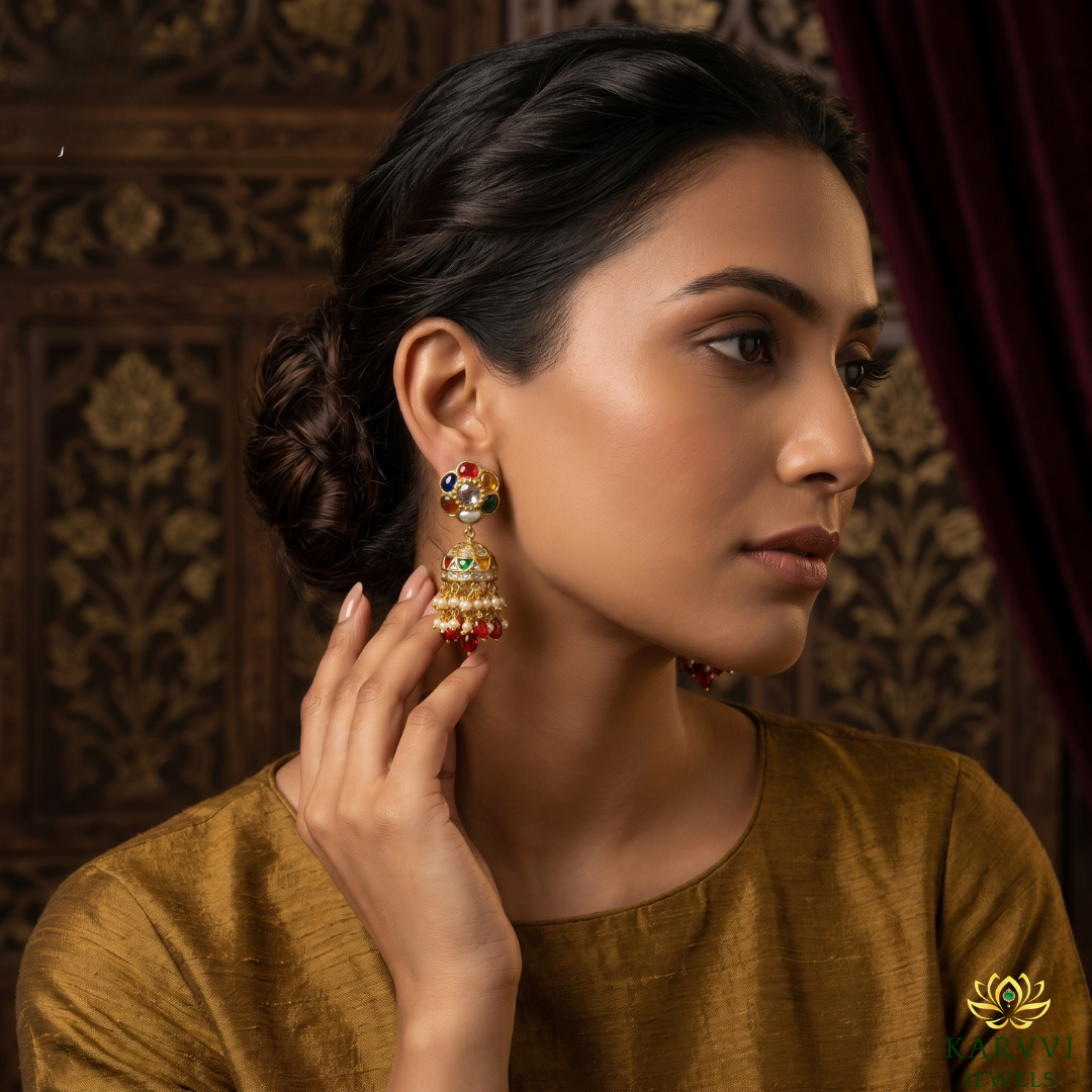 18kt Gold Navratan Polki Jhumki